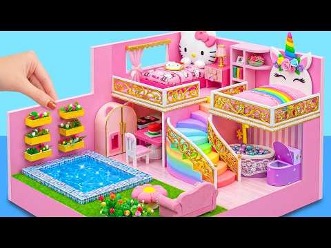 Make Hello Kitty and Unicorn Dream House with Rainbow Stairs and Mini Pool ❤️ | DIY Miniature House