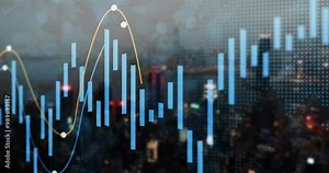 Growth, digital and lines with graph in city for finance or supply chain, commodity price increase or decrease. Chart information, stock market and stats of economic inflation, cost and value or rate