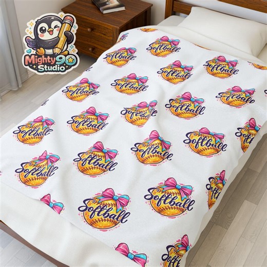 Softball Logo Pattern Velveteen Plush Blanket | Pink Bow Softball Design - Etsy