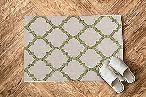 GAD Great American Distributors Indoor Outdoor Area Rug with Geometric Trellis Pattern Cream Green Perfect for Porch Lanai Deck, Fade Stain Resistant (Green,Beige, 2'7" x 3'3" MAT)