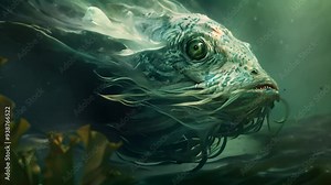 A creature with long tentacles swims through a dark abyss, A creature capable of deep dives and long-distance swims