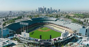 Dodger Stadium Los Angeles aerial view of stadium with downtown Los Angles in background