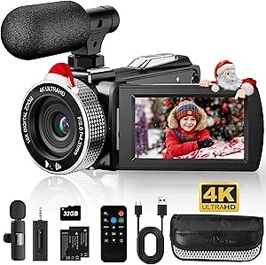 4K Ultra HD Video Camera Camcorder 60FPS 48MP Vlogging Camera for YouTube, Camera for Vlogging, 18X Digital Zoom Video Recording with Wireless Lavalier Microphone, Remote, 2 Batteries, 32GB Card