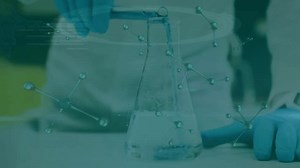 Animation of chemical structures over mid section of a scientist pouring chemical into a flask. Research and science technology concept