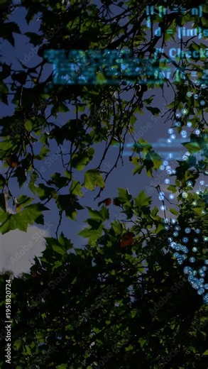 Vertical video: Overlay activating while tree canopy swaying and code scrolling to show data