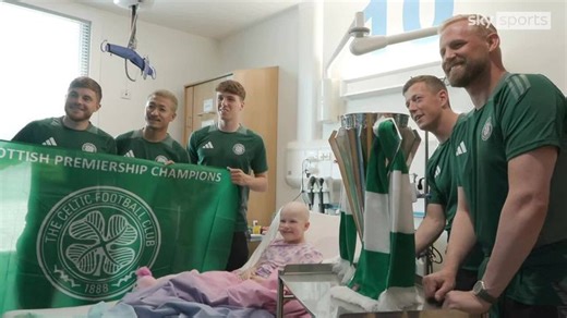 Celtic: Arne Engels and title-winning squad take Scottish Premiership trophy to Glasgow Children's Hospital