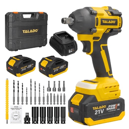 TALADO 21V Cordless Impact Wrench (500N Torque) – 21V Li-Ion Battery, Fast Charger, Socket Set & Storage Case – Ideal for Auto Repairs, Home DIY & Heavy-Duty Bolt Tightening