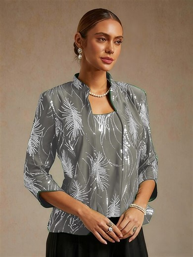 Women's Blouse Dressy Tops Twinset Sequins Feather Elegant 3/4 Length Sleeve Mandarin Collar Regular Tops Evening Party Formal Wear Sequins Gray Spring Fall Winte 2025