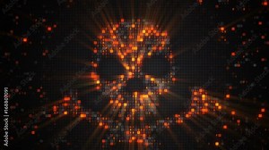 Orange skull symbol of digital HEX code. Hacking and cyber piracy concept. Seamless loop animation 4k UHD (3840x2160)
