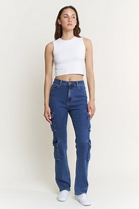 Lilac Sunset Women’s High-Rise Straight Leg Cargo Jeans, Classic Fit, Dark Wash, Juniors Sizes 1–15 - Walmart.com