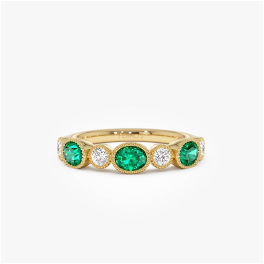 Emerald and Diamond Band, 14K Gold Bezel Ring, Emerald Wedding Band, Natural Diamond Gold Ring, Vintage Inspired Stackable Ring Ferkos Fine - Etsy