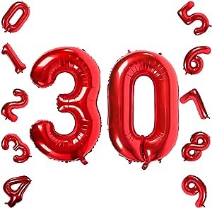 Red Number 30 Balloons,40 Inch Birthday Number Balloon Party Decorations Supplies Helium Foil Mylar Digital Balloons (Red Number 30)