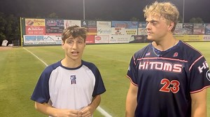 Adam Oppenheim talks with Josh Caron about his excellent finish to the year as the HiToms secure a 10-3 victory over the Forest City Owls. | High Point-Thomasville HiToms