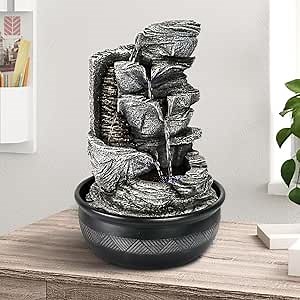 Resin Crafted Stacked Rock Water Fountain - 15.7" H Rockery Indoor Water Feature with LED Lights for Home&Office Decor, 6-Tier LED-lit Cascading Tabletop Fountain with Soothing Sound