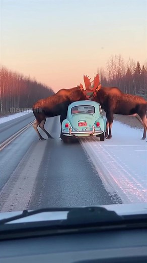 A peaceful drive turned into a panic room situation in Vermont when three moose surrounded a parked car and started aggressively shoving it—an encounter filmed by a passing skier. The clip shows the moose wandering onto the road near sunset. Initially calm, the animals suddenly turn hostile: one moose rams the driver’s door, while another pushes the rear bumper, visibly rocking the car on its suspension. The panic inside the vehicle is audible as the powerful creatures slide the car on the icy s