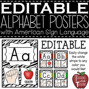 Alphabet Posters with ASL Hand Signs | Zebra Print Theme | Manuscript | EDITABLE