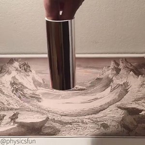 There is a hidden anamorphic image revealed by placing a mirrored cylinder in the correct place. The maths behind this must be astounding. 😮 via Physicsfun | UNILAD Tech