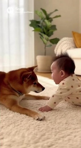 柴犬が赤ちゃんと戯れる