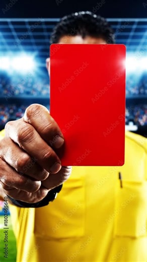 Football / soccer referee shows a red card directly to the camera, staring with anger and authority.