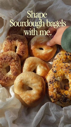 Sourdough Bagels Ingredients 100g active sourdough starter 255g water 40g honey, maple syrup or sugar 10g salt 500g bread flour Water bath: 6-8 cups water 1 tbsp sugar Instructions 1. Mix all dough ingredients and knead until smooth. Stretch and fold every 30 mins x3. 2. Cover and let rise until fully proofed. 3. Shape and bake the same day: Divide into 8-10 pieces, shape into bagels, and let rest until puffy. Boil in sugar water for 30–60 seconds per side, add toppings, and bake at 425°F for 20