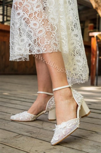 Lace Wedding Shoes for Bride, Ivory Bridal Heels, Handmade Floral Wedding Shoes, Low Block Heel Bridal Pumps - Etsy