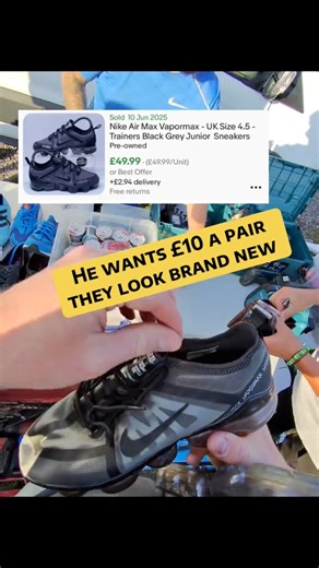 When you’re at the car boot and somebody’s looking at something that you wanna get so you hang around waiting for them to go well this was me today with this lady with these Nike vapo Mc trainers lucky for me she put them down and I swooped in. Carboot finds - Fancy another one, follow for more 😆 #carbootsale #carboot #carboothaul #carbootfinds #reselling #ukreseller #sidehustle | Cal Flips