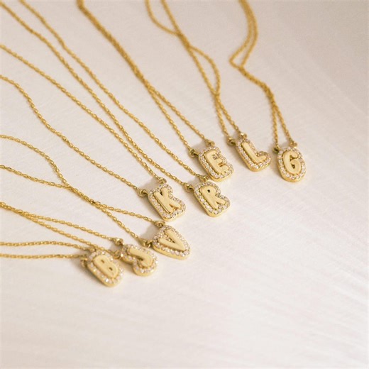 14k Solid Gold Diamond Bubble Initial Necklace - Etsy