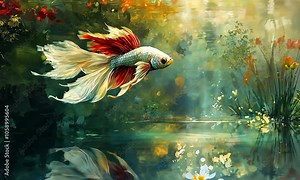 A vibrant betta fish swims gracefully through a serene, colorful aquatic environment.