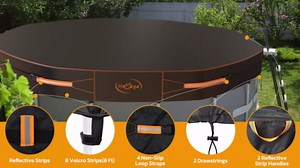 12 Ft Round Pool Cover - 500D Oxford PU Heavy Duty, Waterproof, UV Resistant | Solar Cover Above Ground Pool With Reflective Strips, Handles, Drawstring, Velcro & Non-Slip Straps | Winter & Summer Use