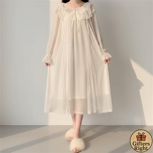 Vintage White Lace Nightgown for Women, Sheer Long Sleeve Victorian Sleepwear, Cottagecore Fairy Princess Loungewear Dress Gift For Her Cozy