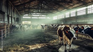 Cows curiously gazing at the camera while standing in a hay-filled barn