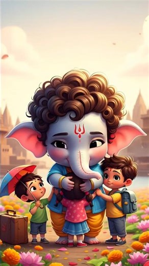 “🌸👑 Cartoon Lord Ganesha 🤗 Hugging Kids 🌼🏰 | Adorable Illustration 🎨✨”