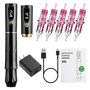 Charme Princesse Permanent Makeup Machine Tattoo Eyebrow Pen Makeup Rotary Machine Pen with 2 Battery 5pcs Cartridge Needles for Eyebrows,Eyeliners, Lips and Mts (Black) EK15-1-us