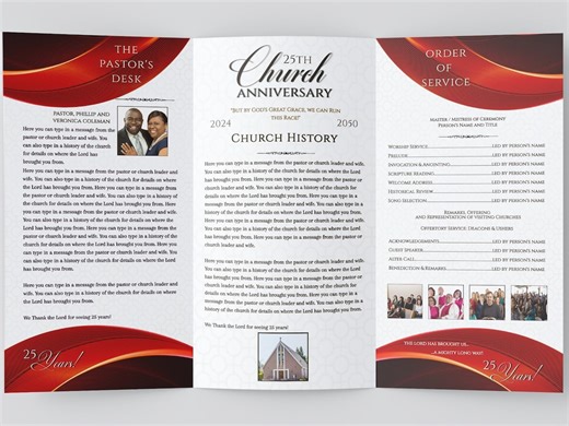 Church Anniversary Program Template | Red & White, Editable (17x11 Trifold) - Etsy