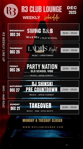 This week at R3 Club Lounge, every night has its own identity. One venue. Multiple vibes. Same destination. 🎶 Wednesday Swing R&B Old school sounds, smooth energy, timeless grooves. ✨ Thursday Ladies Night Open format, elegant crowd, the perfect night to start the weekend early. 🔥 Friday Party Nation Old school vibe meets open format. High energy, no limits. 🚀 Saturday DJ Shinski – Pre Countdown A night built to peak. Expect big sounds and a packed dancefloor. 🌍 Sunday Takeover R&B & Afro Be