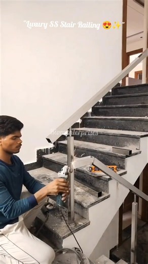 Modern Stainless Steel Stair Railing Installation | Luxury Home Interior🔥 #Shorts #welding #ytshorts