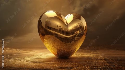 Shining gold heart sculpture on ringed ground as camera moving and cloud shifting revealing texture