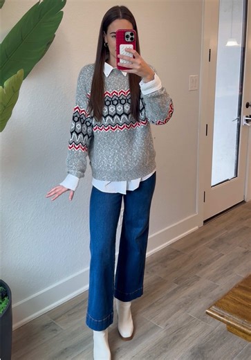 Gray Fair Isle knit sweater styled with wide-leg jeans 🤍 A cozy winter sweater outfit that’s classic, comfy, and perfect for everyday wear, holiday gatherings, and casual looks. #sweaterweather #sweater #winteroutfit #outfitinspo #outfit