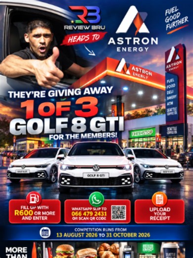 🚗🔥 REVIEW BRU HEADS TO FLORIDA ROAD! 🔥🚗 We’ve pulled up at Astron Energy – Corner of Argyle & Florida Road and there’s something BIG happening! 👀 You could WIN 1 OF 3 BRAND-NEW GOLF 8 GTIs! 🏆🚘 Here’s how you get in: ⛽ Fill up with R600 or more 📲 WhatsApp your slip to 066 479 2431 or scan the QR code 🧾 Upload your receipt 🎉 And you’re in the draw! 📅 Competition closes: 31 October 2026 But this Astron Energy is about more than just fuel! 👇 🛒 FreshStop convenience store 🍔 Food & Deli 