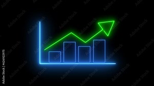 Glowing neon line of virtual graph with up arrow isolated on transparent background. Money, profit, investment, growth business, economy, finance and success concept. 4K motion graphic animation.