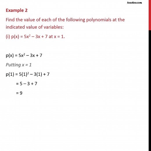 Example 2 (i) - Find the value of each of the following polynomials at