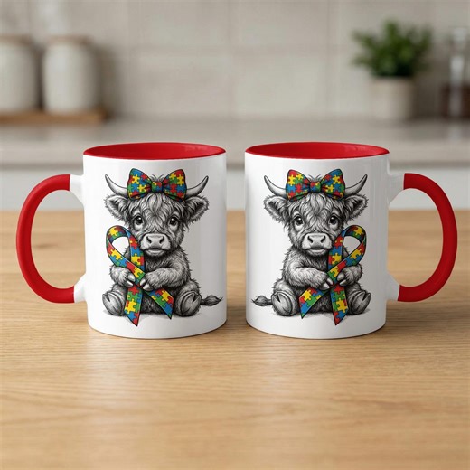 Highland Cow Autism Awareness Mug, Cute Calf Puzzle Ribbon Coffee Cup, Neurodiversity Support Drinkware, Special Needs Gift, Unique Farm - Etsy