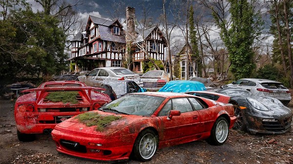 Abandoned supercars hidden in a forgotten mansion