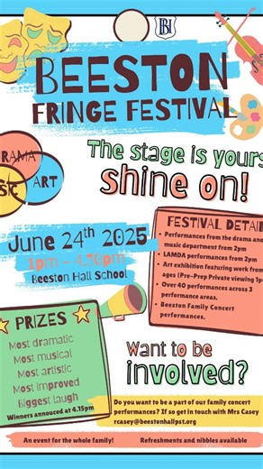 Beeston Fringe Festival 2025 🎭 It's just days away - we can't wait! Here is Mr Woodward with the lowdown 🙌 #beestonfringe #independentschool #prepschool #boardingschool #beestonhall #education #dayschool #northnorfolkcoast #eduinsta #schooldrama #arts #schoolarts #norfolkschools #triplethreat #drama #ideas #inspiration #schoolideas | Beeston Hall School