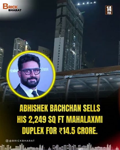 BRICKBHARAT ™ on Instagram: "Bollywood star Abhishek Bachchan completed a high-profile real estate transaction on February 12, 2026. Selling his premium duplex apartment in the Godrej Planet tower, Mahalaxmi, South Mumbai, for ₹14.5 crore. The sea-facing luxury unit spans 2,249 sq. ft. across the 40th and 41st floors, complete with three dedicated car parking spaces, and was acquired by a partner at global private equity firm Bain Capital at an impressive ₹64,473 per sq. ft. Originally purchased