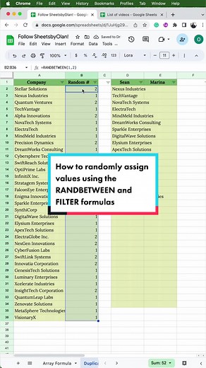 How to randomly assign values using the RANDBETWEEN and FILTER formulas in Google Sheets! #randbetween #filterformula #worksmartnothard #work #googlesheetstutorial #googlesheetstips #learngooglesheets #googlesheets #gsheets #data #excel #spreadsheet #learnontiktok