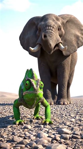 Parsons Chameleon (Madagascar) vs African Savanna Elephant on the a stony Saharan reg plain under