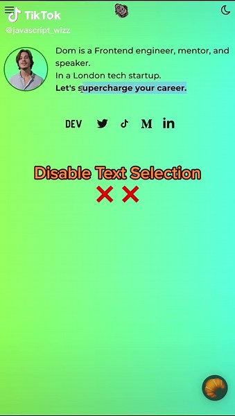 Disable Text Selection ❌ #javascript #javascriptwizz #frontend #developer #backend #webdevelopment #devtools #programming #react #computerscience #vscode #vue #html #coding #learncoding #deploy #debugging #production