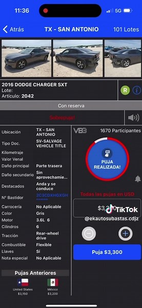 Dodge Charger SXT 2016 Auction Win at $3,300