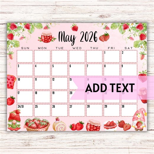 EDITABLE Printable May Calendar 2026 | Cute Strawberry Gnome May Calendar | Monthly Calendar | Fillable Calendar - Etsy